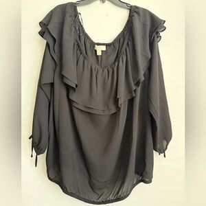 Michael Kors Black Ruffled Off-The-Shoulder Blouse 3/4 Tie Sleeves Top 3XL NWT